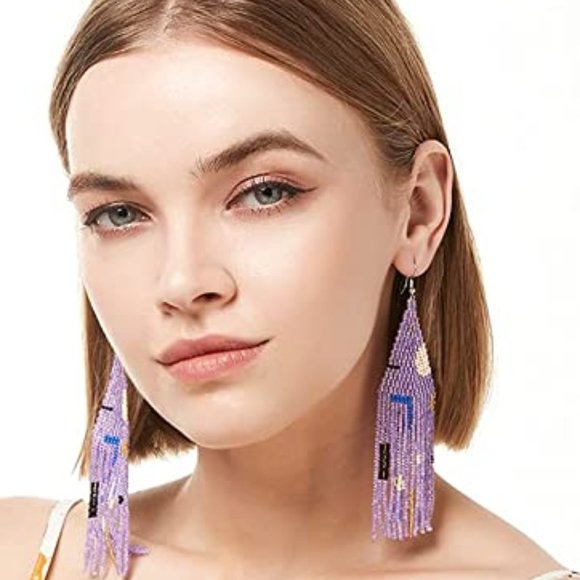 Long 5" Multicolor Abstract Lavender Handmade Beaded Oversized Boho Earrings New - Picture 3 of 6